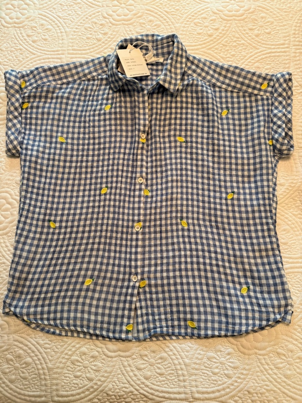 beachlunchlounge Blue Gingham Button-Down Shirt Yellow Lemon Embroidered
